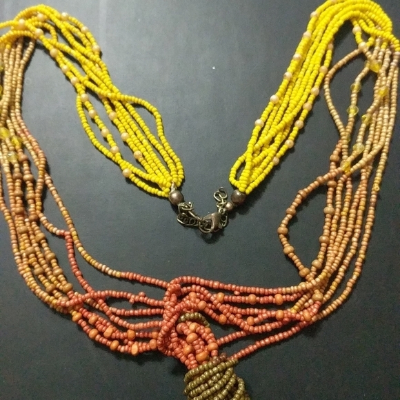 Yellow Red Orange Brown Beaded Knotted Long Dangle Statement Necklace - Picture 3 of 3